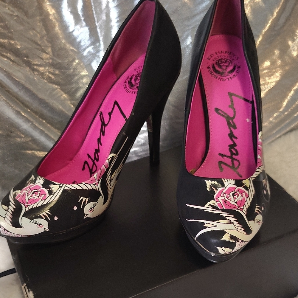 Ed Hardy Black Floral Women's Heels